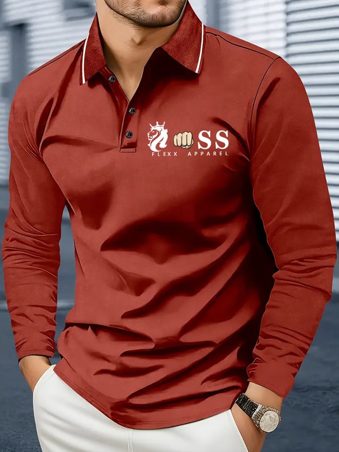 Men's Retro Letter Design Business Long Sleeve Polo Shirt