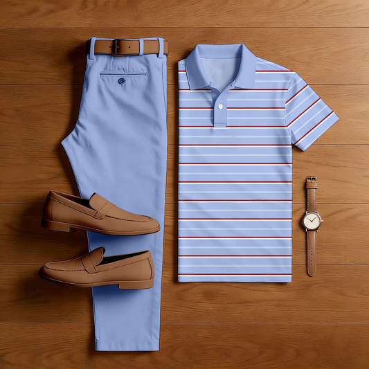 Men's Casual Purple Color Matching Striped Printed Short Sleeved Polo Shirt & Trousers Two-Piece Set