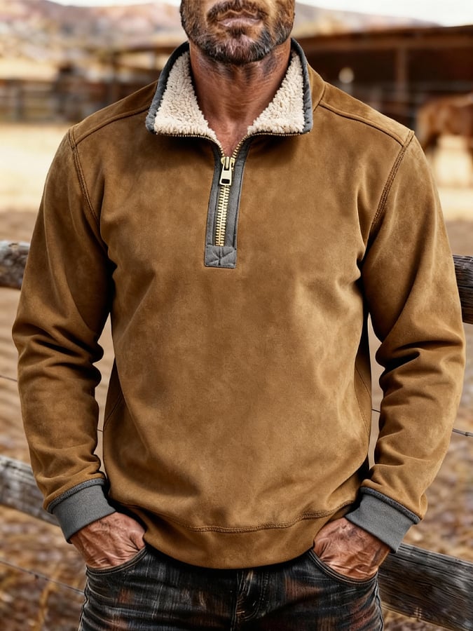 Men's Retro Patchwork Comfortable Color Block Zipper Sweatshirt