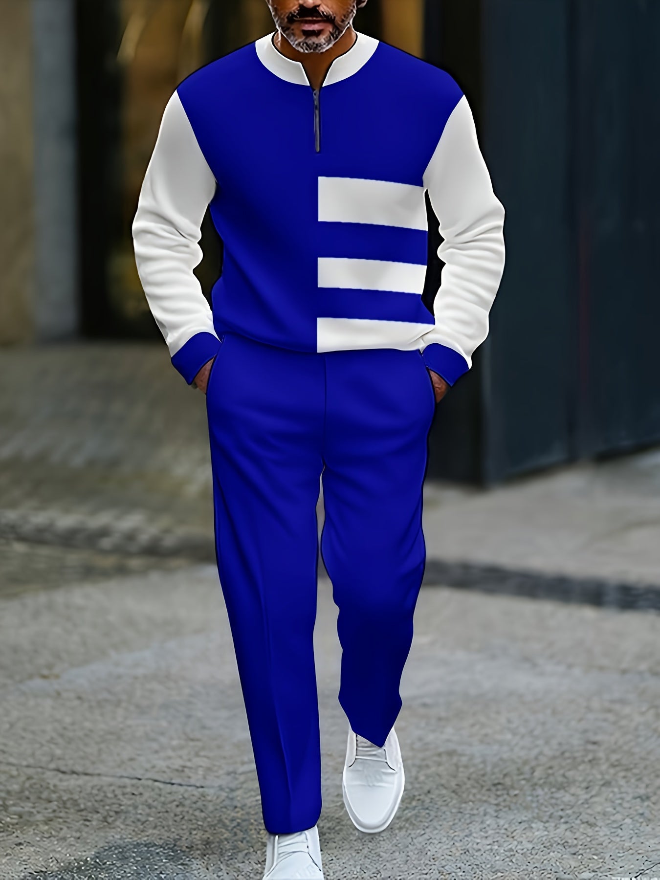 Men's Casual Color Matching Printed Round-Neck Zipper Long Sleeved Trousers Two-Piece Set