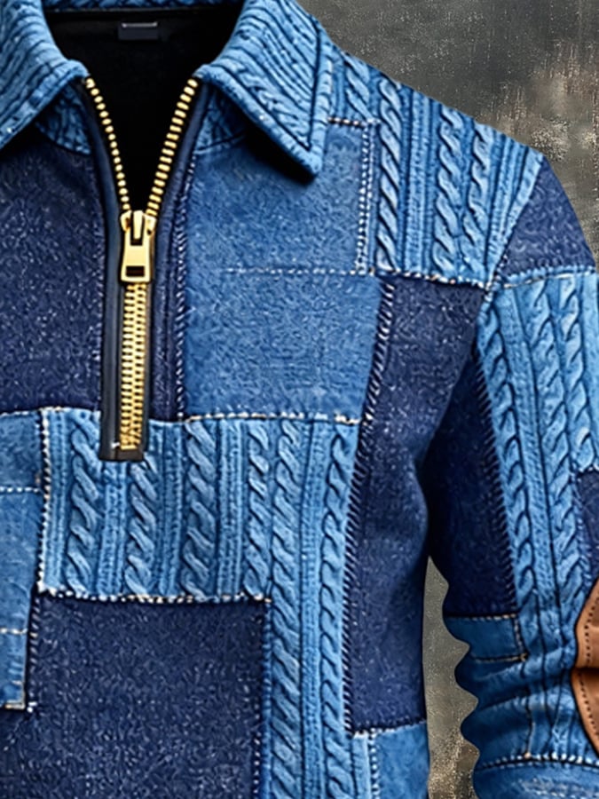 Men's Retro Color Block Print Zipper Sweatshirt