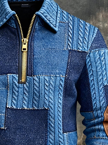 Men's Retro Color Block Print Zipper Sweatshirt