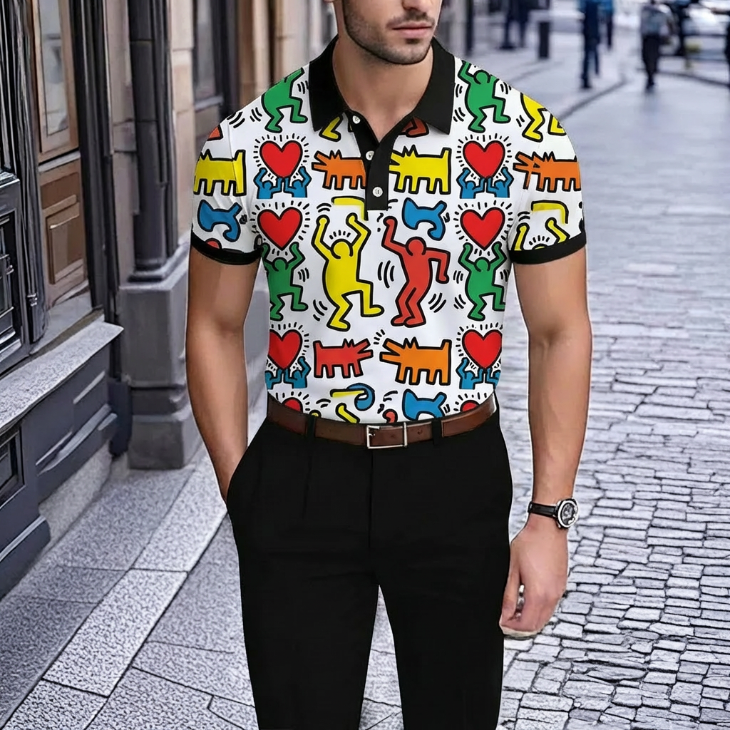 Men's Retro White Fun Graffiti Print Short-Sleeve Polo Shirt