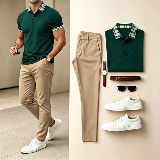 Men's Dark Green & Khaki Color Matching Geometric Printed Short Sleeves Polo Shirt & Pants Two-Piece Set