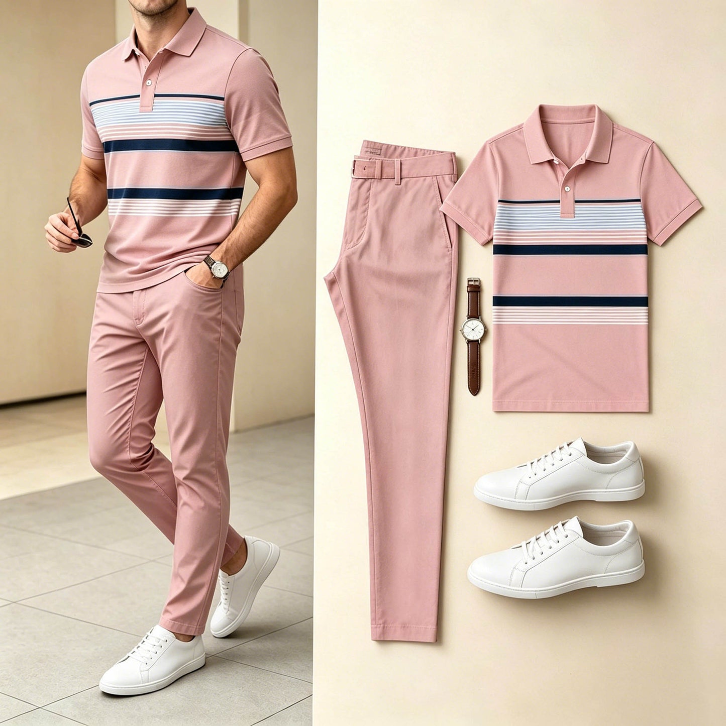 Men's Casual Multi Thin Horizontal Stripe Color Block Polo Shirt And Pants Two-Piece Set