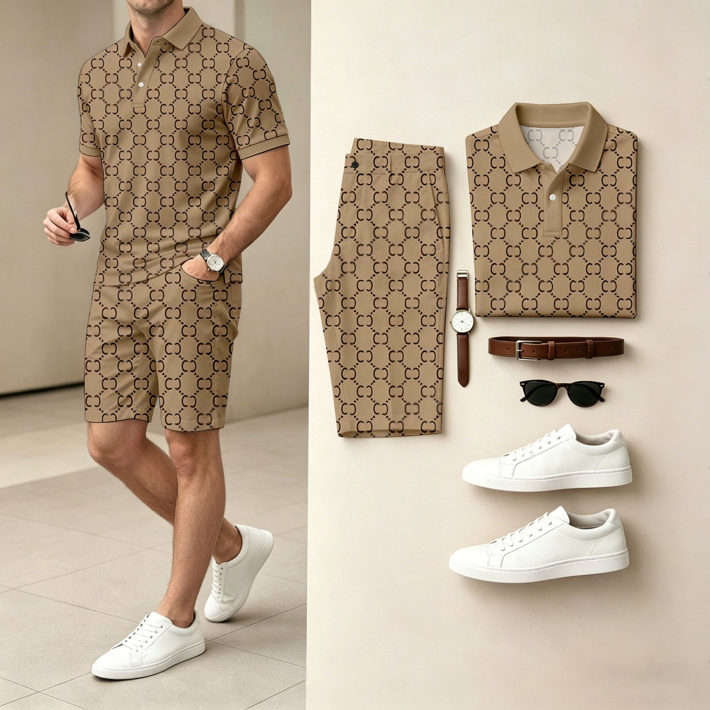 Men's Casual Geometric Color Polo Shirt & Shorts Two-Piece Set