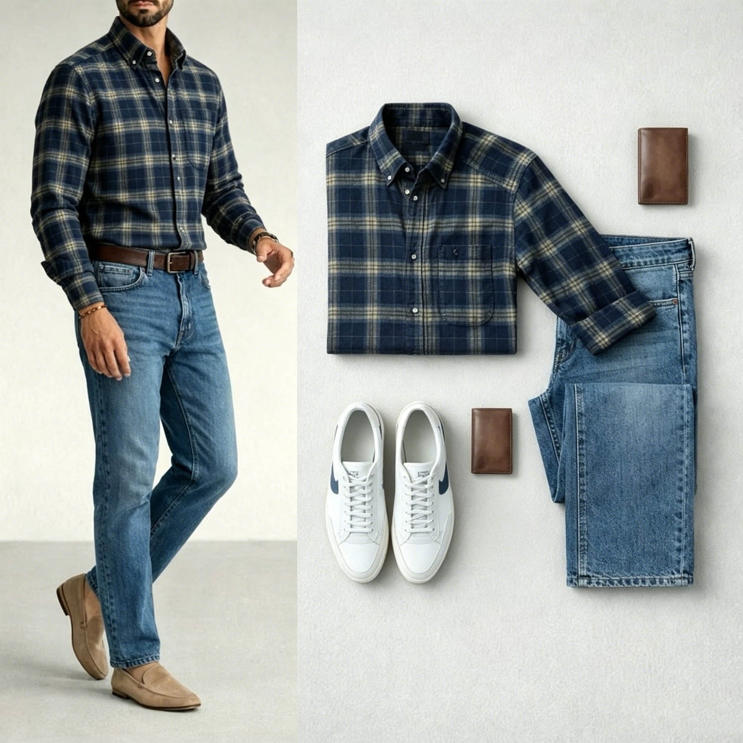 Men's Navy Blue Color Matching Retro Style Plaid Printed Lapel Collar Long Sleeves Shirt & Jeans Two-Piece Set