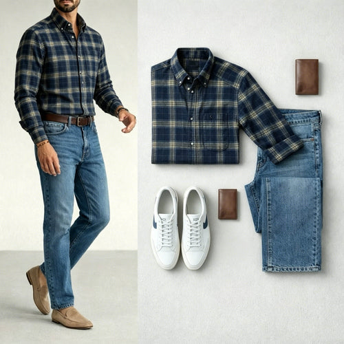 Men's Navy Blue Color Matching Retro Style Plaid Printed Lapel Collar Long Sleeves Shirt & Jeans Two-Piece Set