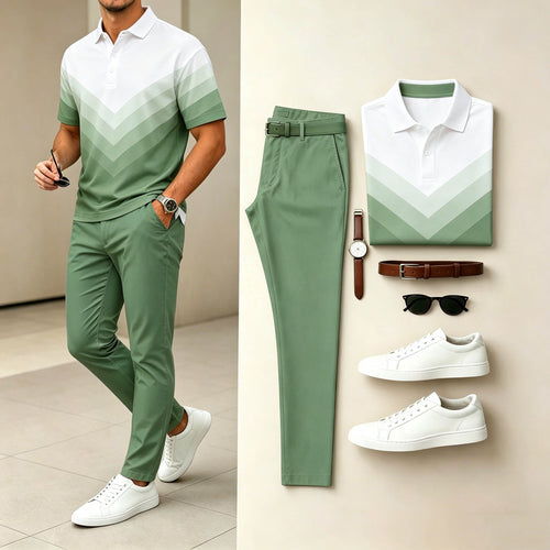 Men's Casual Sage Green Chevron Gradient Printed Polo Shirt & Sage Green Pants Two-Piece Set