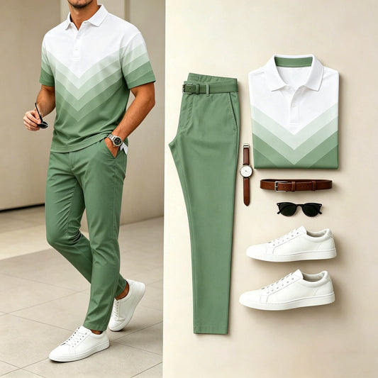 Men's Casual Sage Green Chevron Gradient Printed Polo Shirt & Sage Green Pants Two-Piece Set