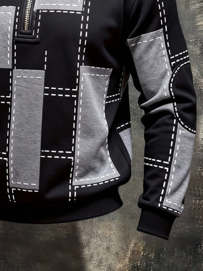 Men's Retro Color Block Print Color-Blocked Zip-Up Sweatshirt