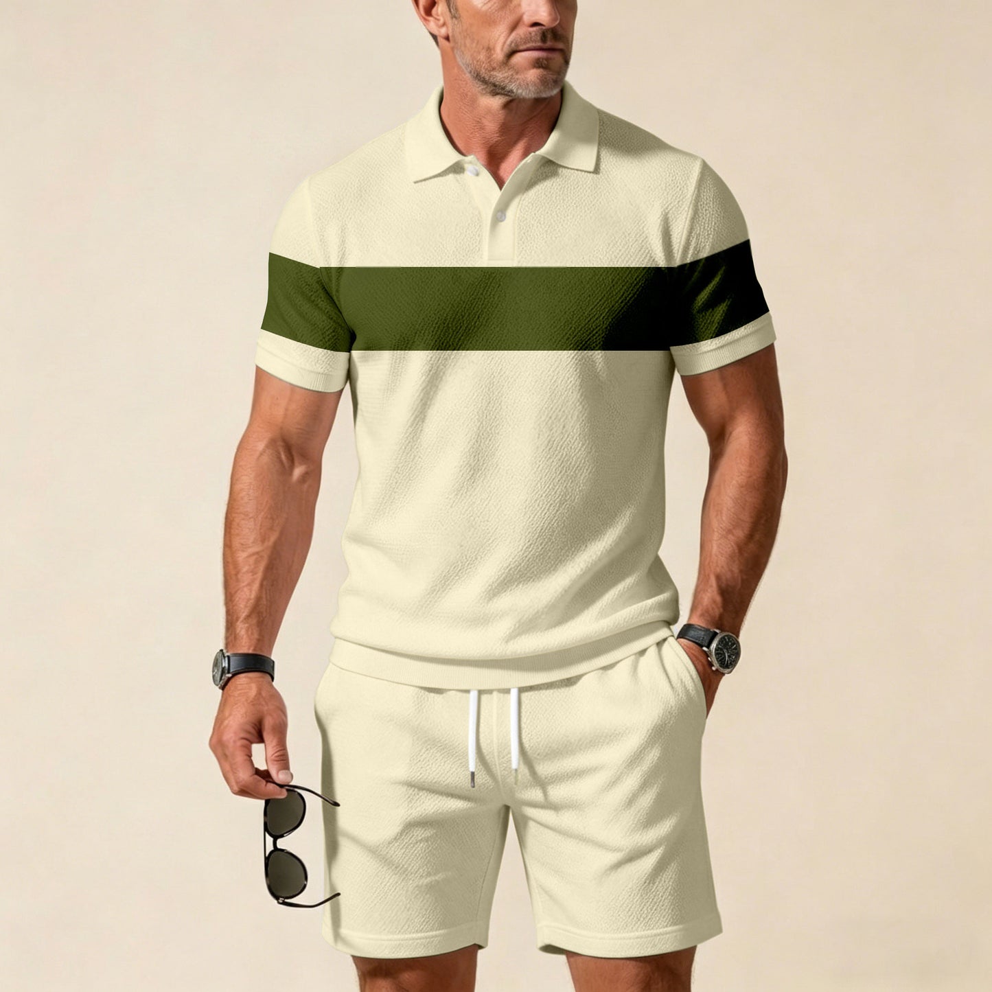 Men's Casual Off-White Geometric Color Matching Printed Short Sleeved Zipper Polo Shirt & Shorts Two-Piece Set