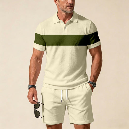 Men's Casual Off-White Geometric Color Matching Printed Short Sleeved Zipper Polo Shirt & Shorts Two-Piece Set