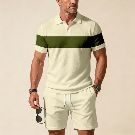 Men's Casual Off-White Geometric Color Matching Printed Short Sleeved Zipper Polo Shirt & Shorts Two-Piece Set