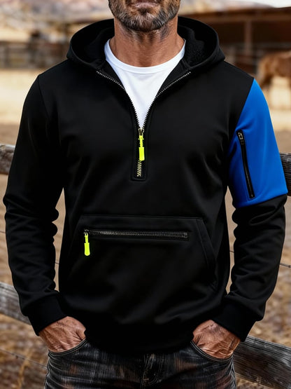 Men's Vintage Outdoor Style Patchwork Design Sweatshirt with Zipper Pockets.