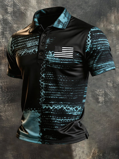 Men's Retro Patriotic Color-Block Short-Sleeve Polo Shirt