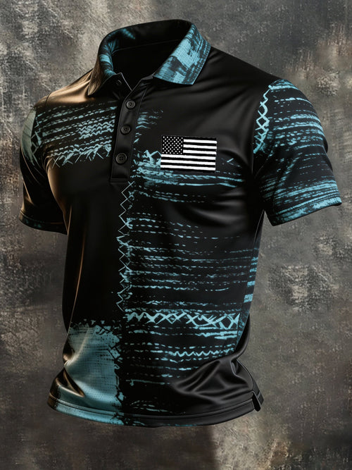 Men's Retro Patriotic Color-Block Short-Sleeve Polo Shirt