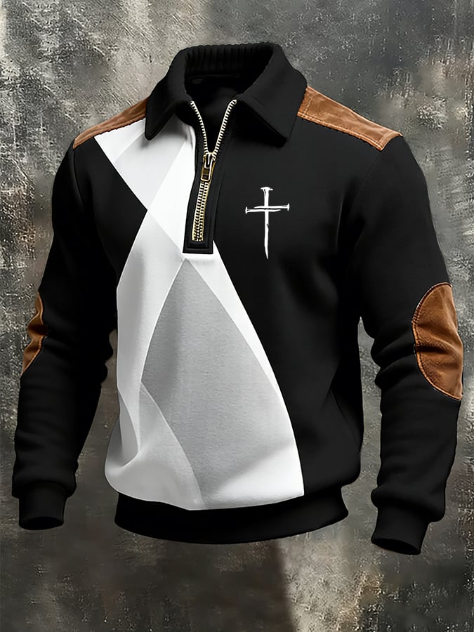 Men'svintage Faith Cross Design Print Casual Zipper Sweatshirt