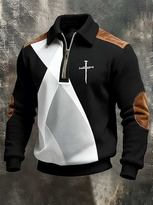 Men'svintage Faith Cross Design Print Casual Zipper Sweatshirt