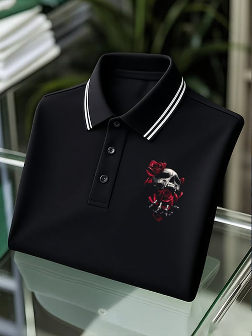 Men's Classic Business Skull Logo Button Short Sleeve Polo Shirt