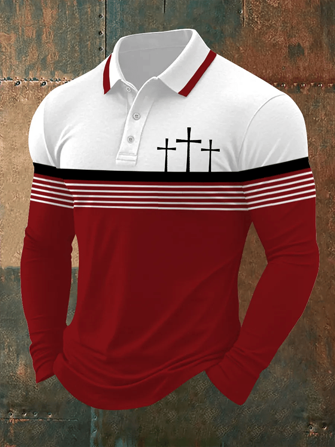 Men's Retro Faith  Casual Printed Long Sleeve Polo Shirt