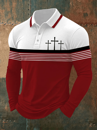 Men's Retro Faith  Casual Printed Long Sleeve Polo Shirt