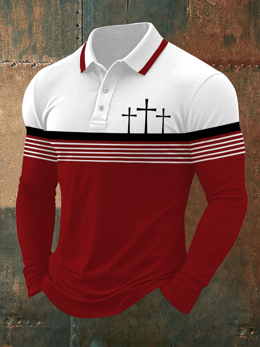 Men's Retro Faith  Casual Printed Long Sleeve Polo Shirt