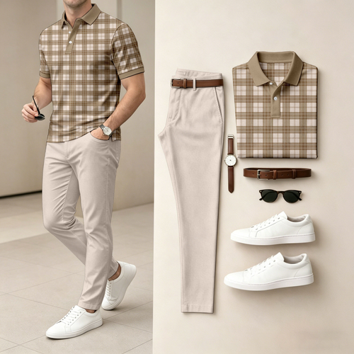 Men's Casual Checkered Print Short-Sleeve Polo Shirt And Pants Set (Excludes Accessories Such As Watches And Belts)