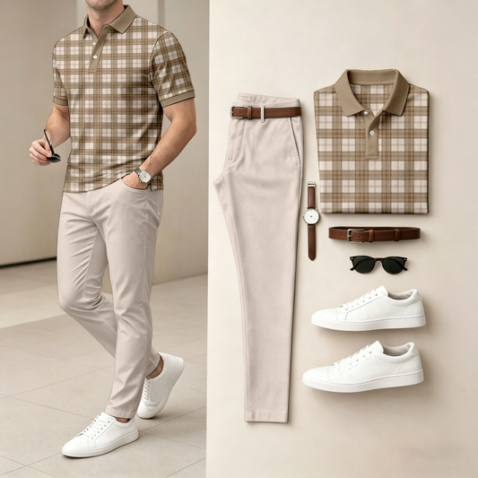 Men's Casual Checkered Print Short-Sleeve Polo Shirt And Pants Set (Excludes Accessories Such As Watches And Belts)