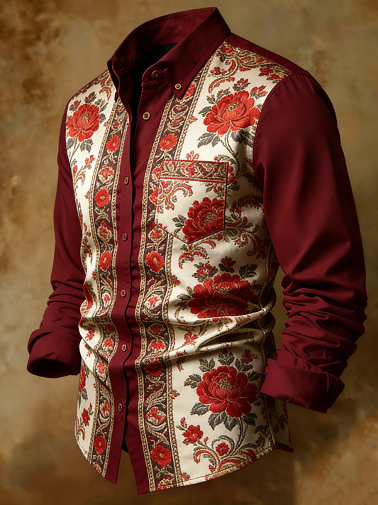 Burgundy Floral Gold Border Print Business Shirt