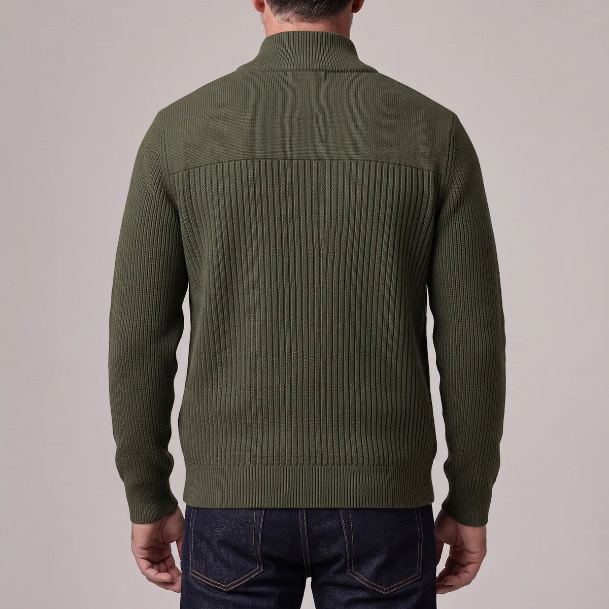 Men's Army Green Stand Collar Ribbed Knitted Full-Zip Cardigan