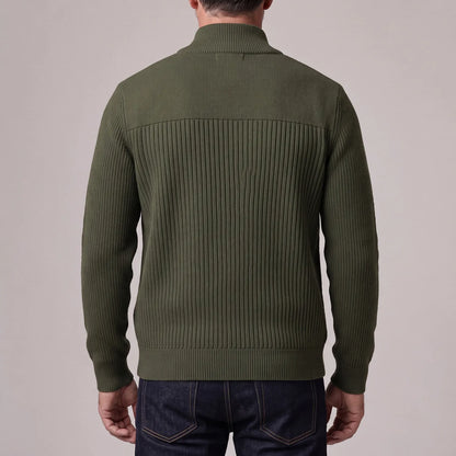 Men's Army Green Stand Collar Ribbed Knitted Full-Zip Cardigan