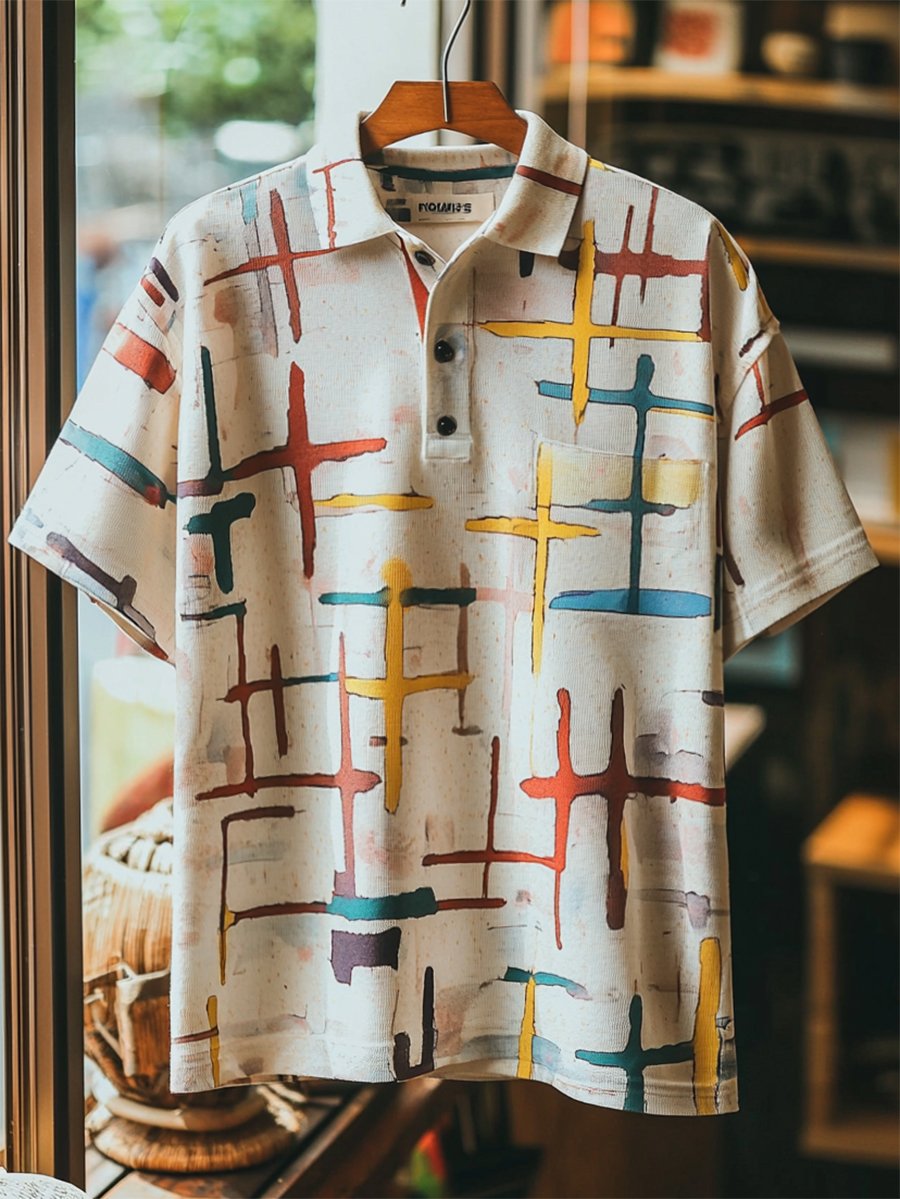 Men's Vintage Casual Cross Art Button Short Sleeve Polo Shirt