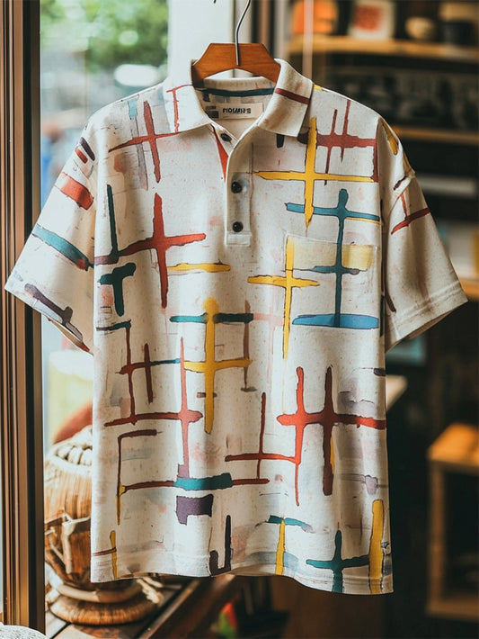 Men's Vintage Casual Cross Art Button Short Sleeve Polo Shirt