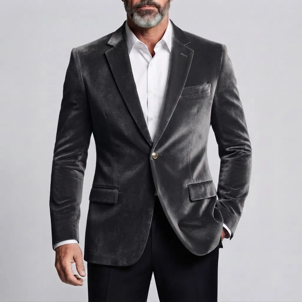Men's Formal Solid Color Velvet Notch Lapel One Button Slim Fit Blazer