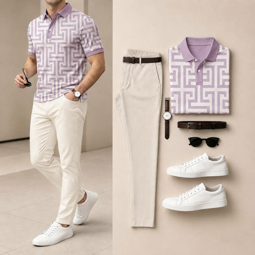 Men's Casual Lavender & Off White Geometric Printed Polo Shirt And Pants Two-Piece Set