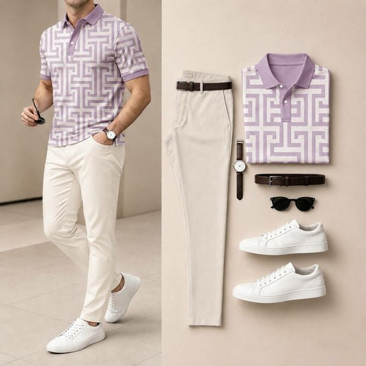 Men's Casual Lavender & Off White Geometric Printed Polo Shirt And Pants Two-Piece Set