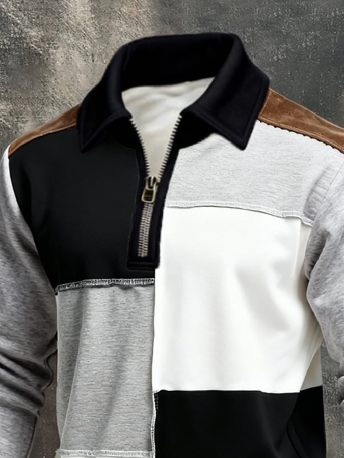Men'S Vintage Style Color-Block Long-Sleeved Sweatshirt