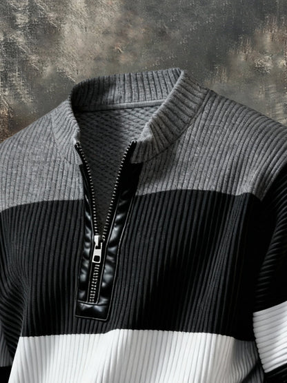 Men'S Casual Retro Contrast Color Half Zip Stand Collar Long Sleeve Sweatshirt