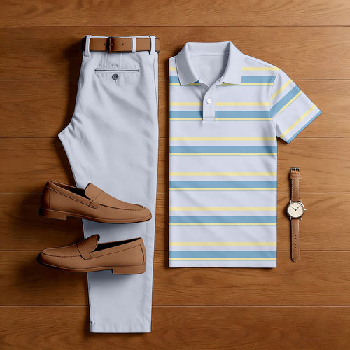 Men's Casual Light Gray Stripes Printed Polo Shirt And Pants Two-Piece Set