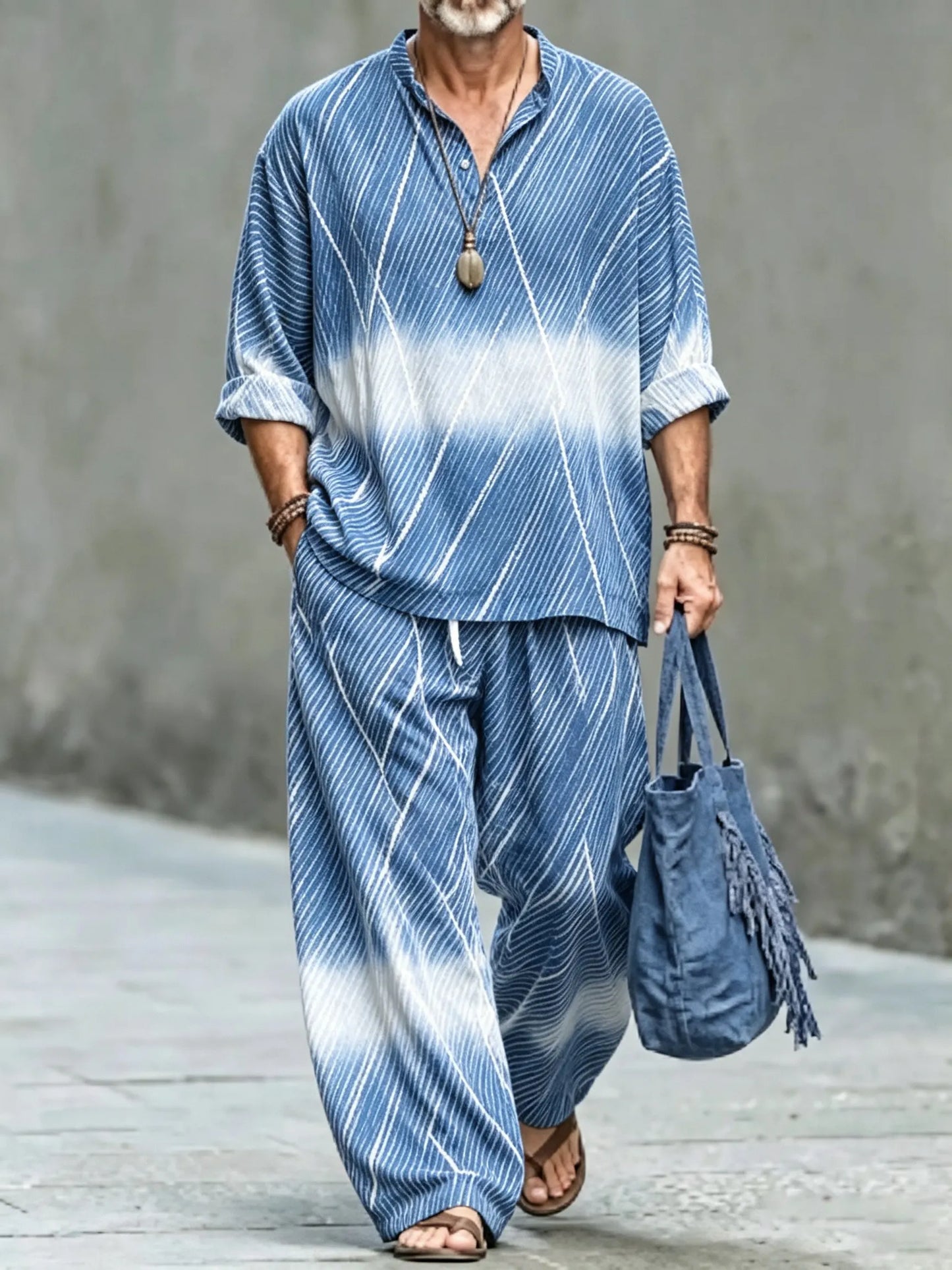 Men's Vintage Abstract Art Printed Cotton Shirt Set (Top & Pants)