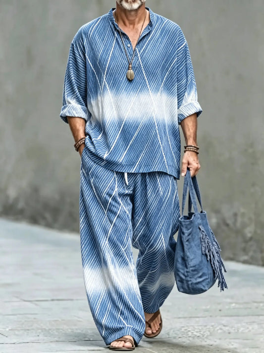 Men's Vintage Abstract Art Printed Cotton Shirt Set (Top & Pants)
