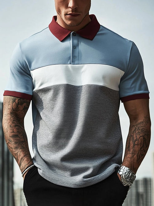 Men's Business Stripe Logo Button-Down Short Sleeve Polo Shirt
