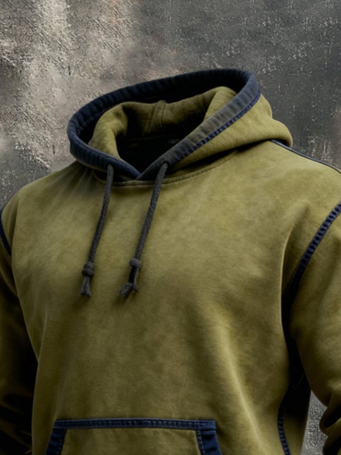 Men's Retro Stitching Contrast Color Hooded Sweatshirt