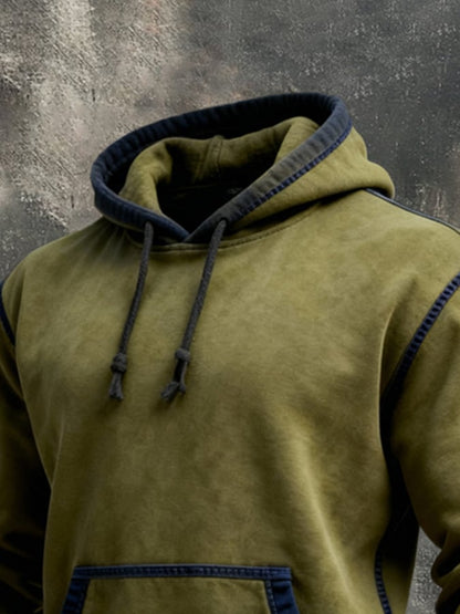 Men's Retro Stitching Contrast Color Hooded Sweatshirt