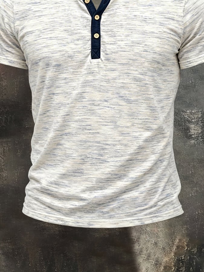 Men's Retro Color Block Double-Layer Henley Collar Short-Sleeve Top