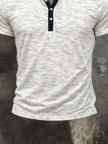 Men's Retro Color Block Double-Layer Henley Collar Short-Sleeve Top