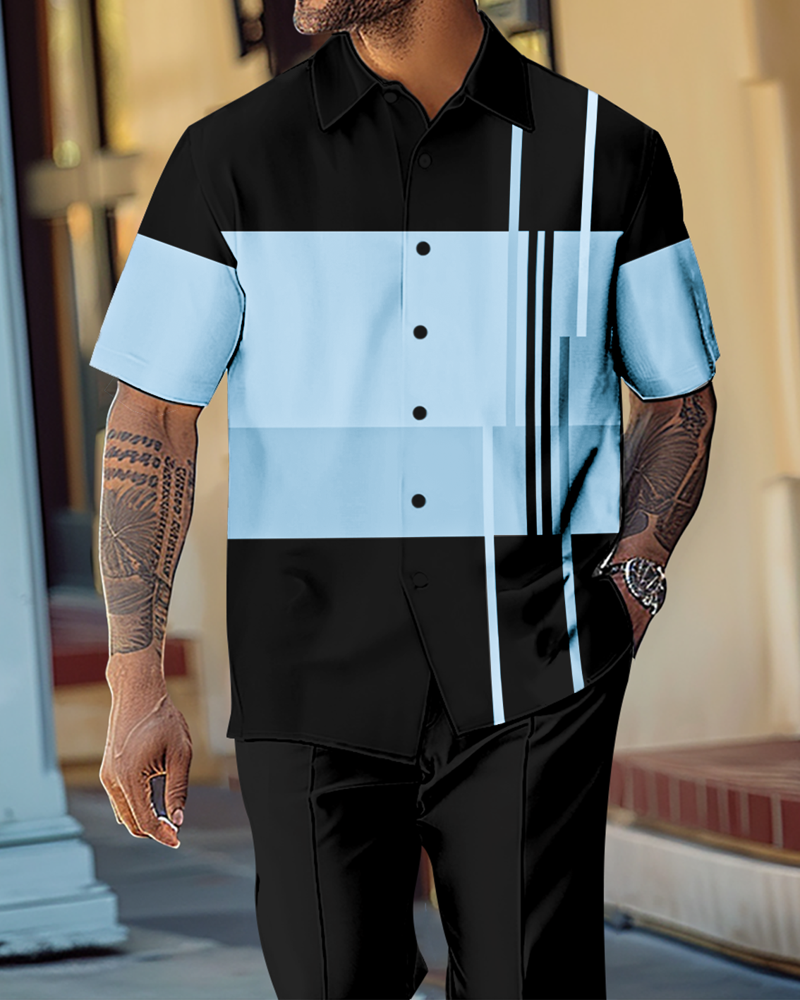 Men's Gradient Color Block Short Sleeve Shirt Walking Suit 1143