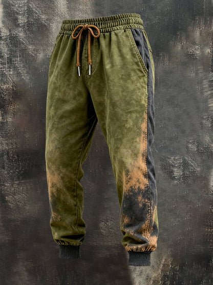 Men's Retro Distressed Contrast Color Hooded Casual Sweatshirt Set