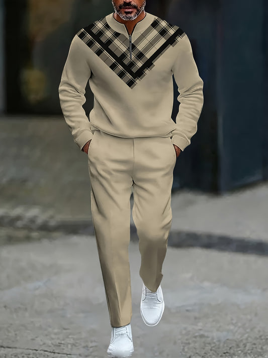 Men's Casual Color Matching Checked Printed Round-Neck Zipper Long Sleeved Trousers Khaki Two-Piece Set